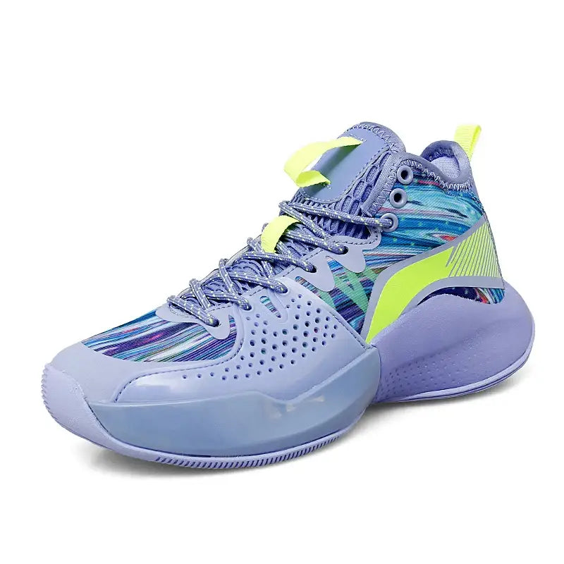 Elite women’s weightlifting and basketball sneakers in lavender, blue, neon yellow with patterned upper