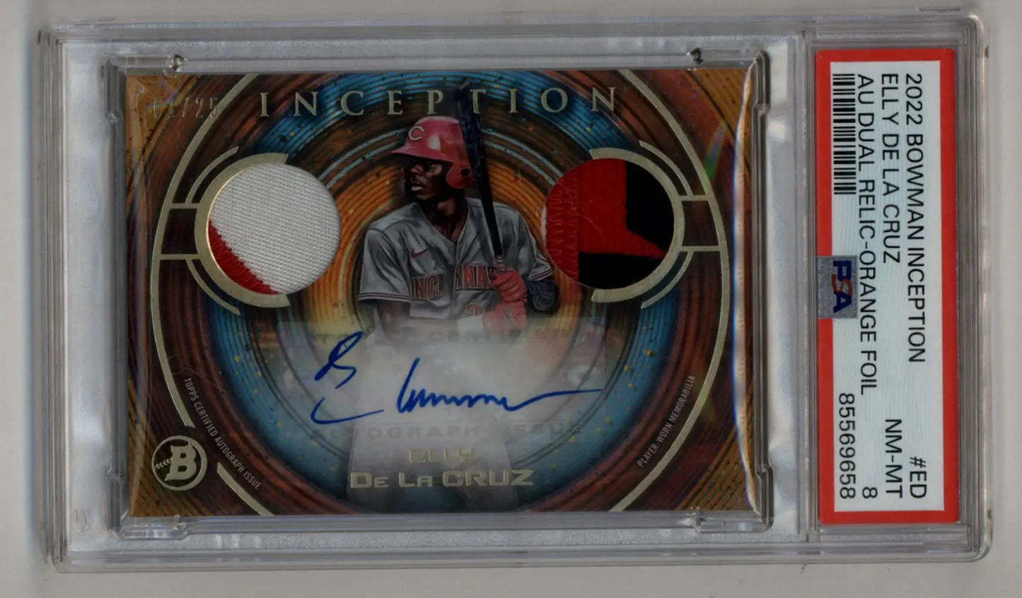 Elly De La Cruz 2022 Bowma Inception dual auto relic card with orange foil and autograph