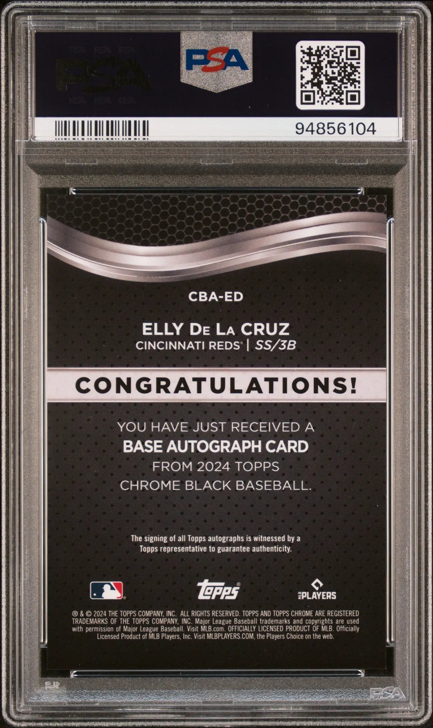 PSA-graded Elly De La Cruz 2024 Topps Chrome Black Auto baseball card with autograph