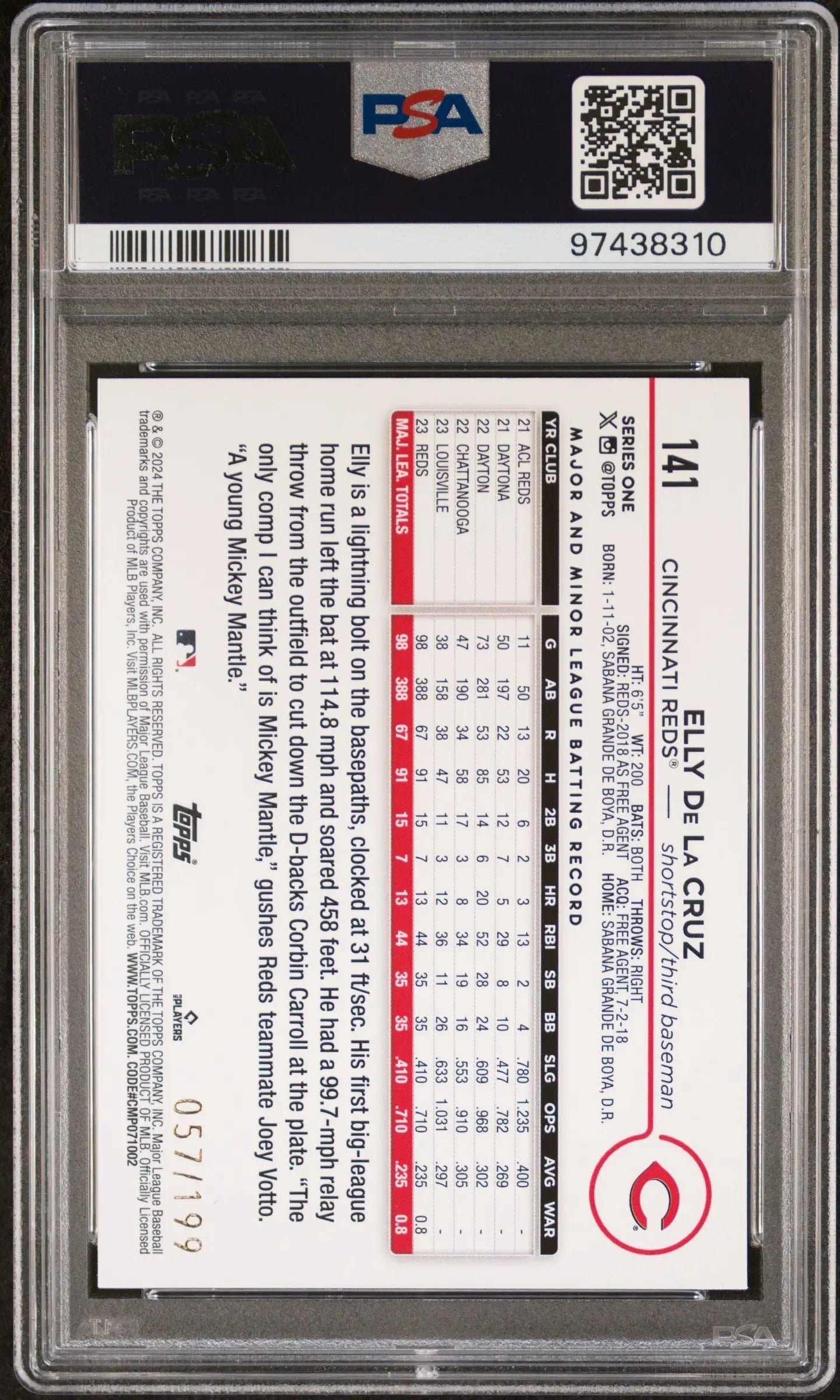 Graded Elly De La Cruz 2024 Topps Rookie card with Red Crackle Foil Board PSA 10