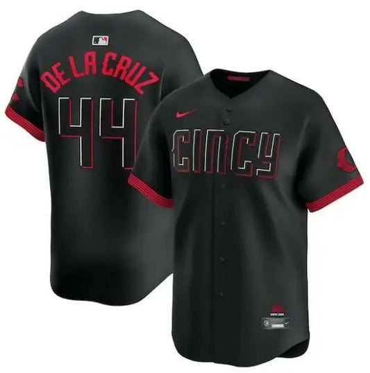 Black baseball jersey with red trim from Elly De La Cruz Cincinnati Reds Nike City Connect