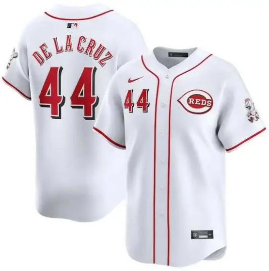 White Elly De La Cruz Cincinnati Reds Nike Home Limited Player Jersey displayed on a product page