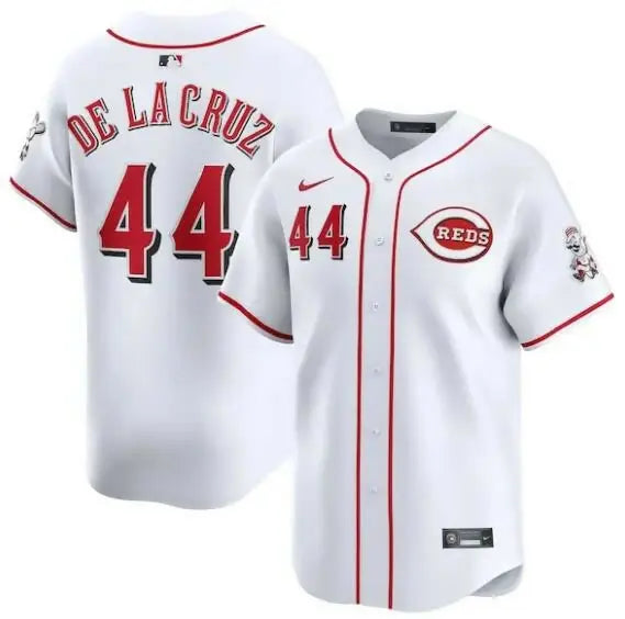 White Cincinnati Reds baseball jersey featuring Elly De La Cruz Nike Home Limited Player design