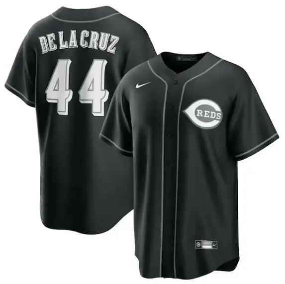 Black Cincinnati Reds baseball jersey featuring Elly De La Cruz Nike Lights Out Replica design