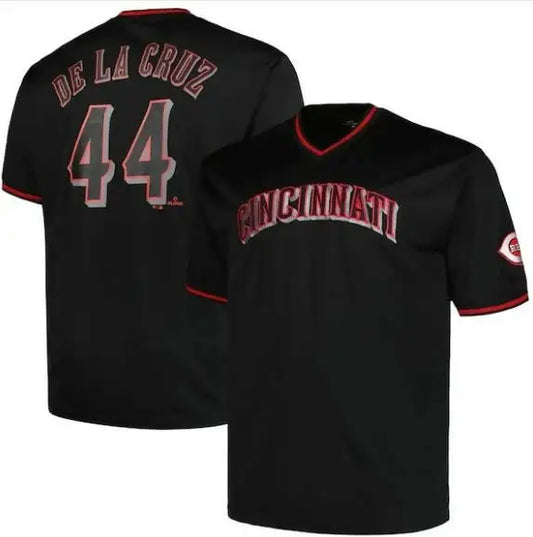 Black Cincinnati Reds baseball jersey featuring Elly De La Cruz profile for big and tall fans