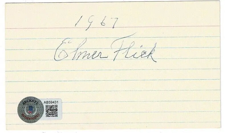Lined index card with handwritten text from Elmer Flick signed autographed 3x5 cut