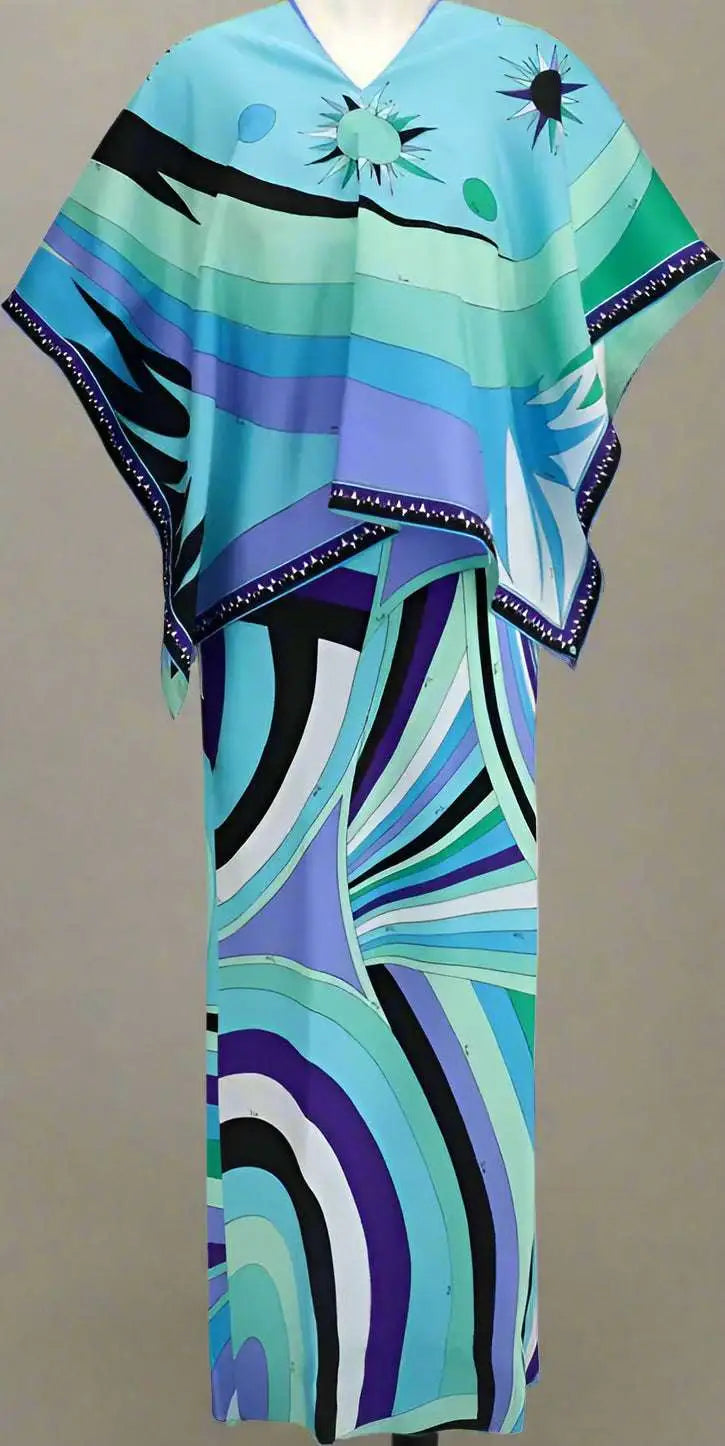 Colorful patterned Emilio Pucci Iride print long dress with cape and matching skirt