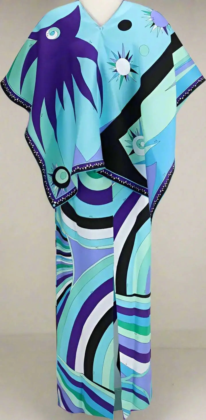 Full-length Emilio Pucci Iride print long dress with vibrant abstract pattern in shades of blue, purple, and green