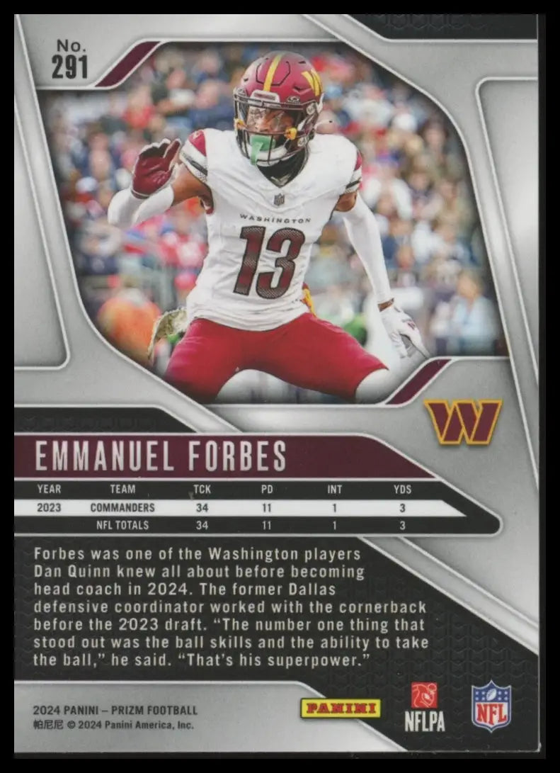 Football trading card of Emmanuel Forbes from Panini Prizm 2024 Washington Commanders