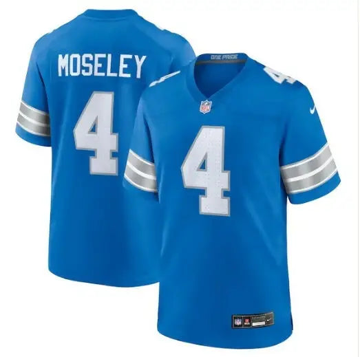 Blue Moseley 4 football jersey with silver arm stripes, Detroit Lions Nike team game jersey