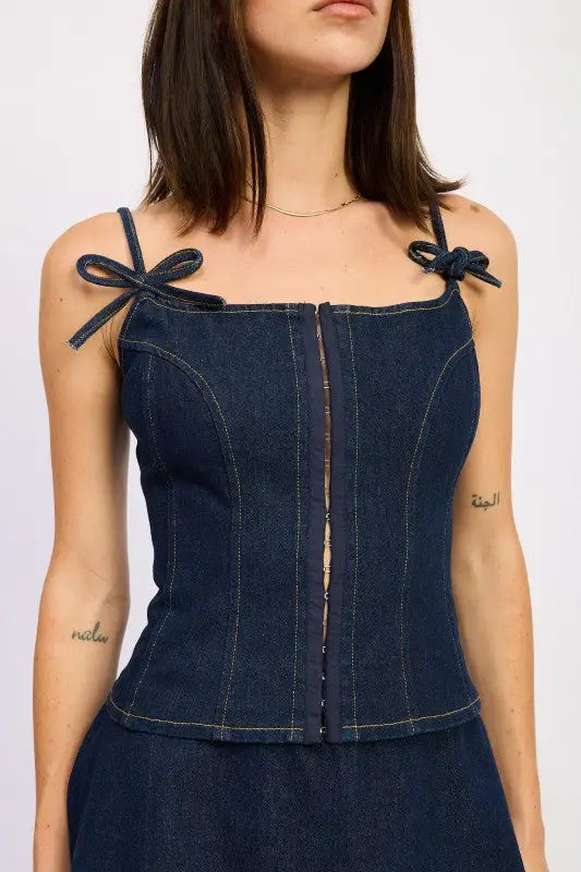 Emory Park cotton denim bustier top with tie-up straps and front zipper
