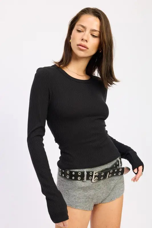 Black ribbed long-sleeved top with thumbholes and back chain detail from Emory Park
