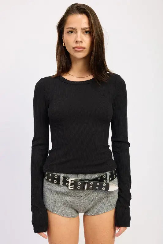 Black ribbed long-sleeved top with back chain detail from Emory Park
