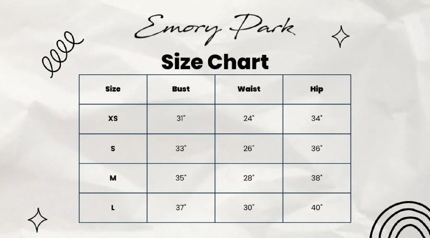 Women’s clothing size chart for Emory Park’s long sleeve ivory top with bust, waist, and hip measurements