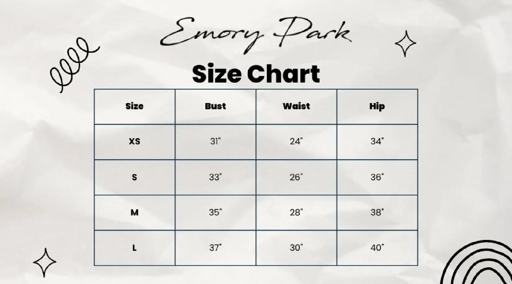 Women’s clothing size chart for Emory Park’s long sleeve ivory top with bust, waist, and hip measurements
