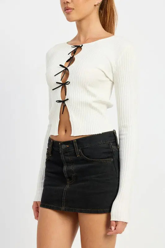 Emory Park long sleeve ivory ribbed knit crop top with front tie closures