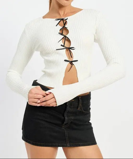 Emory Park long sleeve ivory ribbed knit top with lace-up front and long sleeves