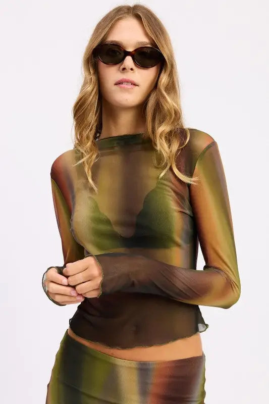 Sheer long sleeve mesh top with brown and green stripes for lounging or boardwalk wear