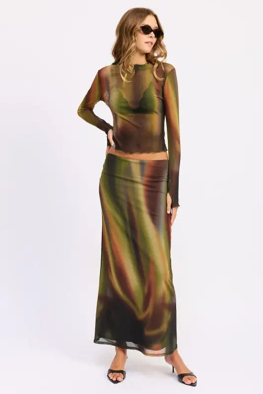 Emory Park long sleeve mesh lounging top with matching swirl print maxi skirt