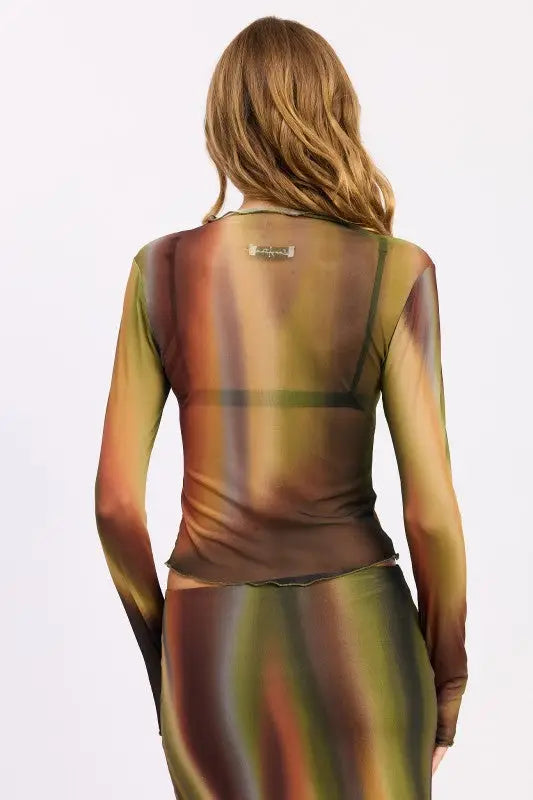 Emory Park long sleeve mesh lounging top with vibrant abstract swirl pattern in green, brown, orange