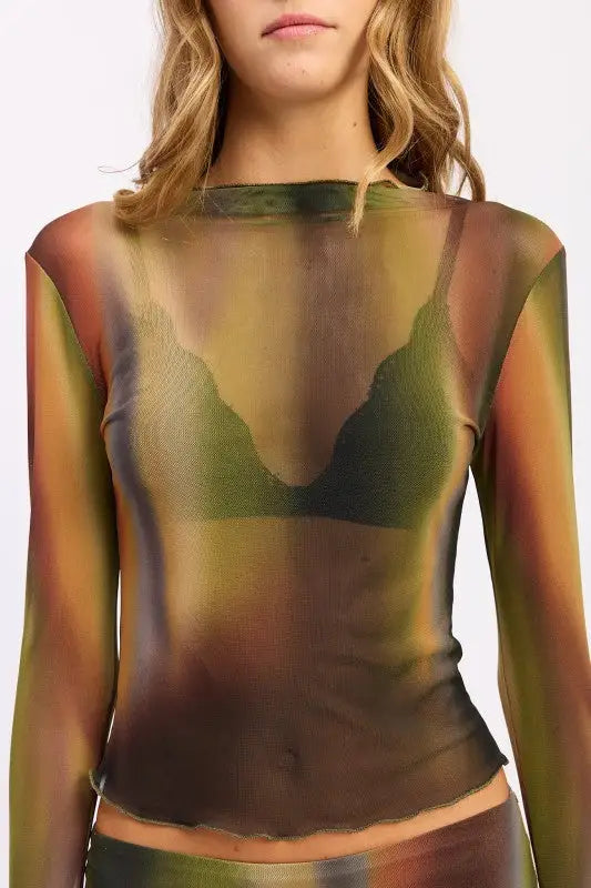 Long sleeve mesh lounging top with gradient earthy tones and lettuce-edge trim from Emory Park