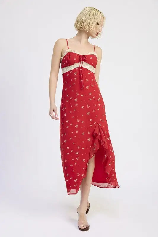 Red floral midi slip dress with lace trim and ruffles from Emory Park’s floral midi collection