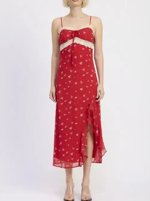Red floral midi dress with lace trim, bow detail, floral print, side slit, and spaghetti straps