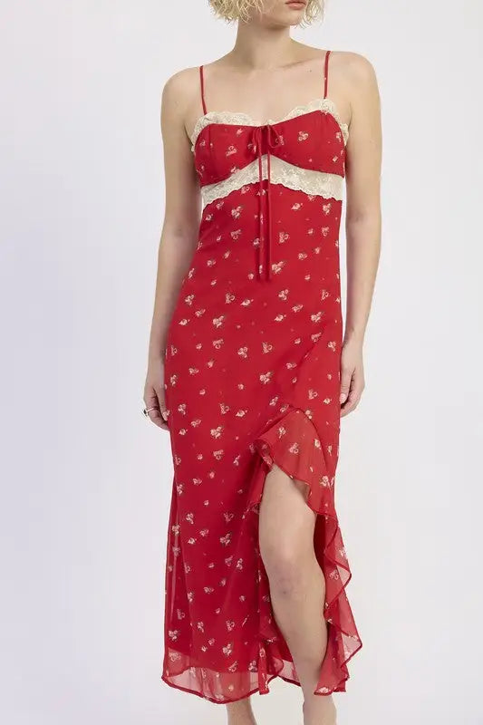 Red floral midi slip dress with lace trim, tie-front, floral pattern, and ruffled slit