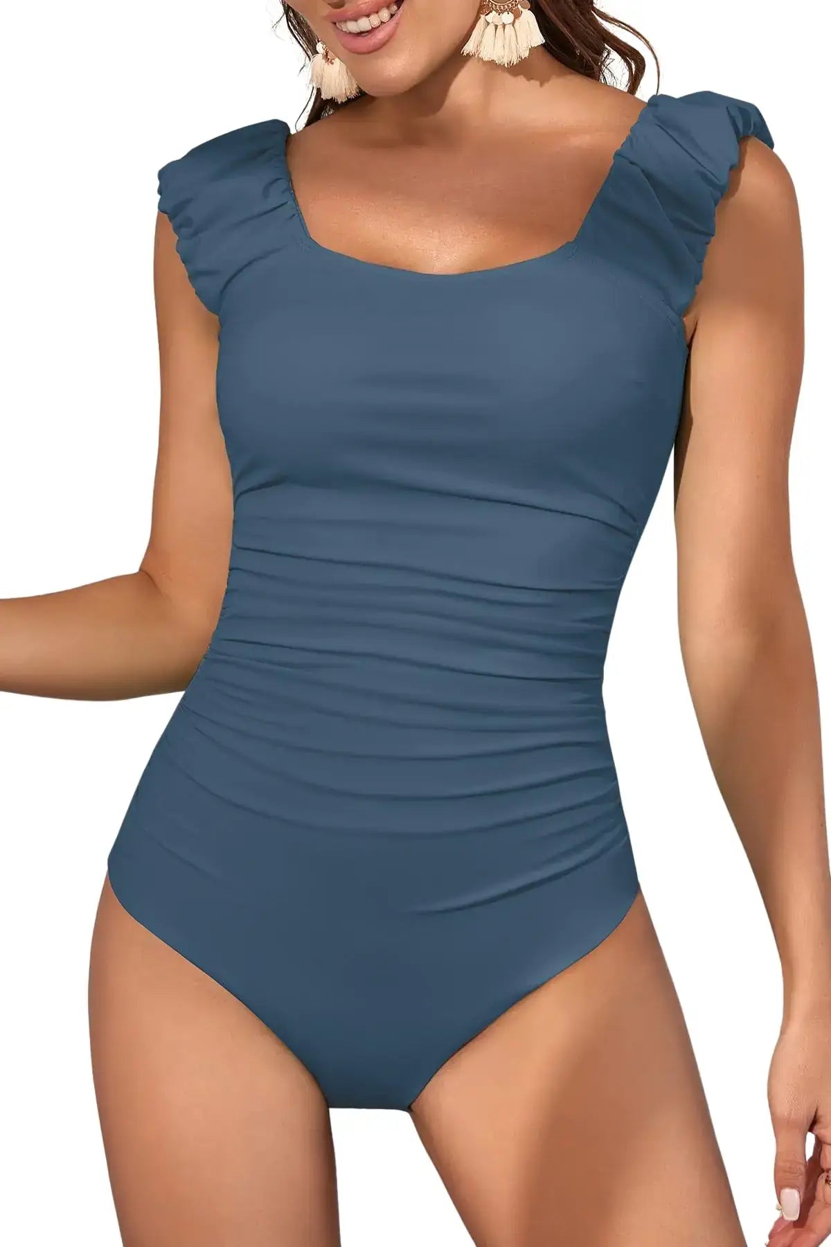Steel Blue Blue Ruffled One Piece Swimsuit with Tummy Control and Puffy Sleeves