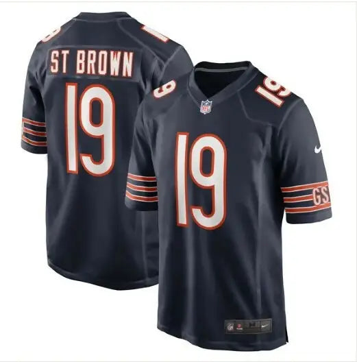 Dark blue Chicago Bears Nike St Brown jersey with orange and white accents and number 19