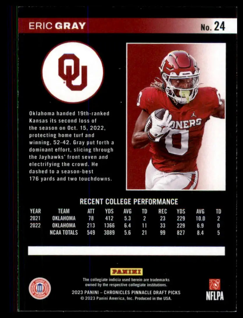 Eric Gray football card from Panini Chronicles Draft Picks 2023 Oklahoma Sooners