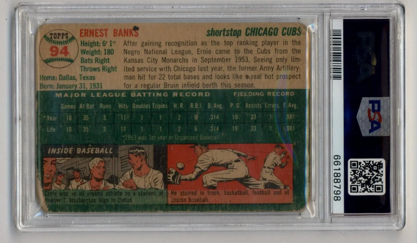 Vintage Ernie Banks Topps Rookie trading card with cartoon illustrations and stats