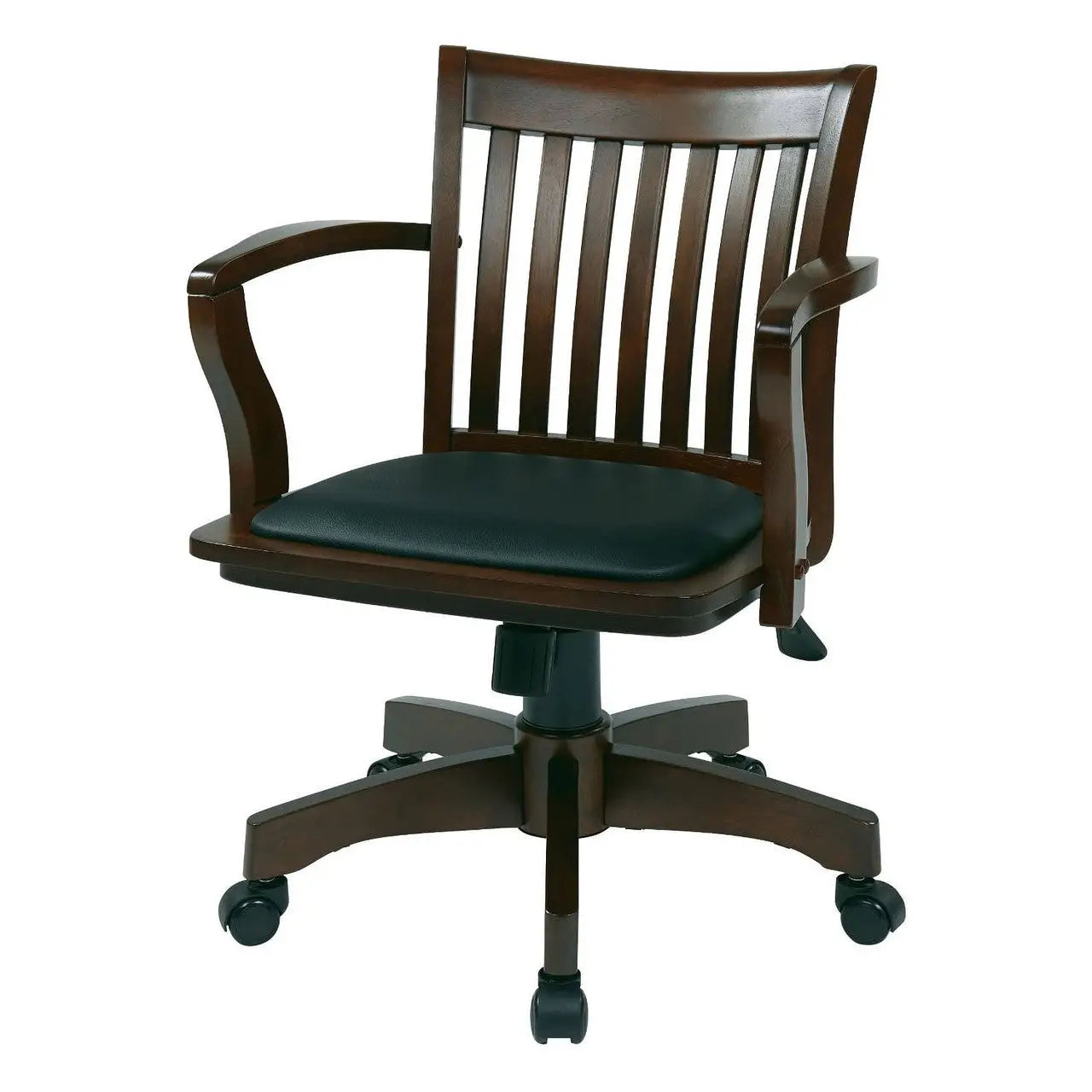 Espresso Bankers Chair with Black Vinyl Padded Seat and Wood Arms - Office Chairs