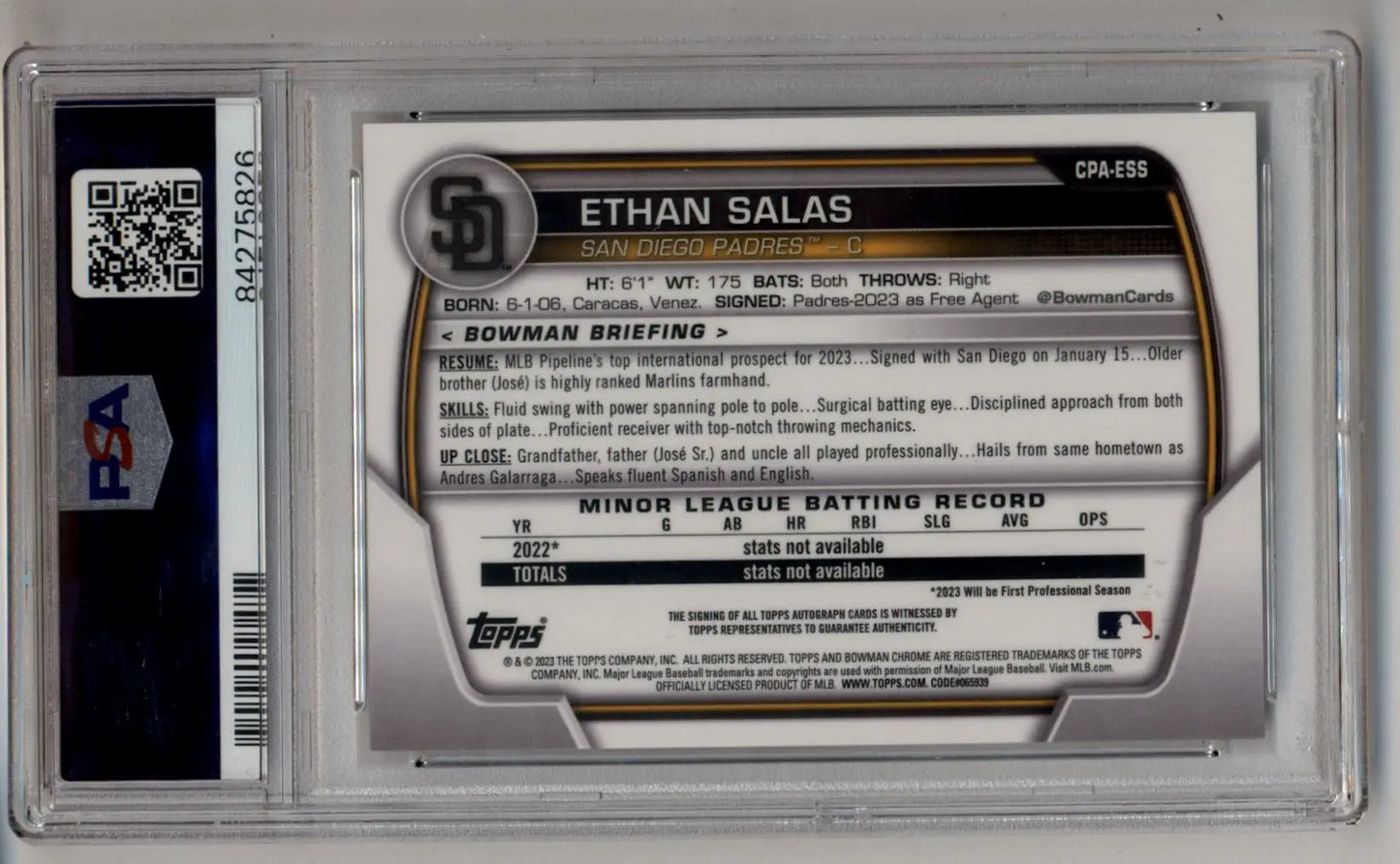 Baseball card of Ethan Salas Bowman Chrome Prospect Auto PSA 10 Gem Mint
