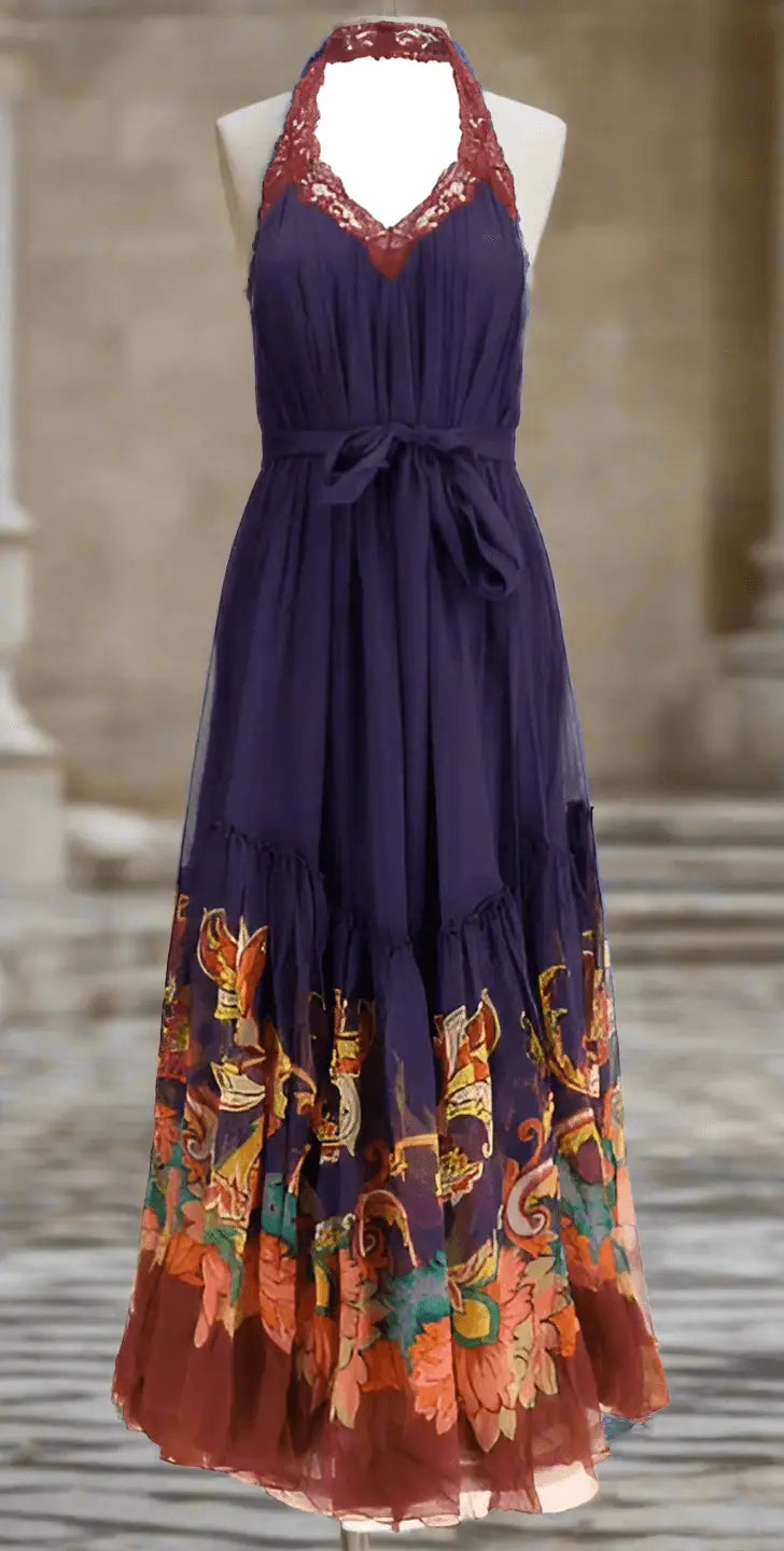 ETRO Silk Long Dress with dark purple halter design, red lace trim, and vibrant floral print