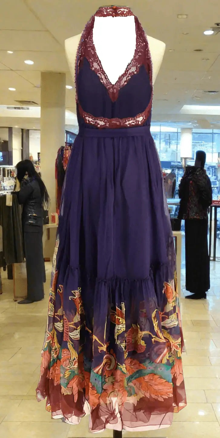 ETRO Silk Long Dress with deep purple halter-neck bodice and vibrant floral print