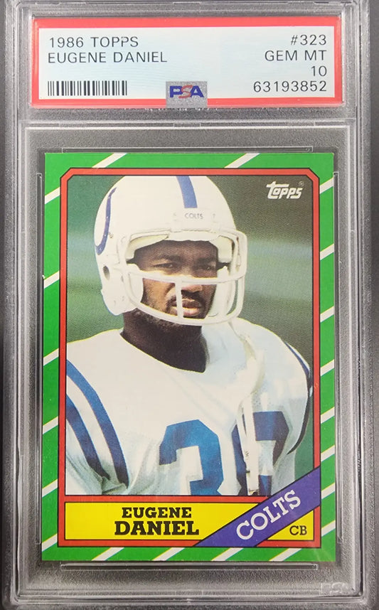 Eugene Daniel 1986 Topps #323 PSA 10 Gem Mint football trading card with green and red border