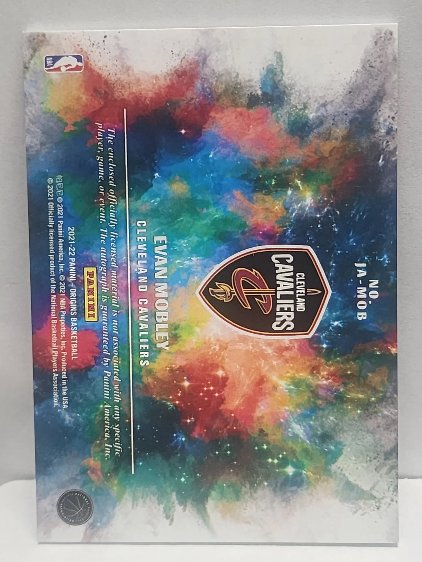 Cleveland Cavaliers logo on a colorful watercolor Paini Origins Rookie Patch Auto card