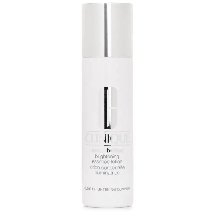 White Clinique Brightening Essence Lotion in a bottle with silver cap for glowing skin