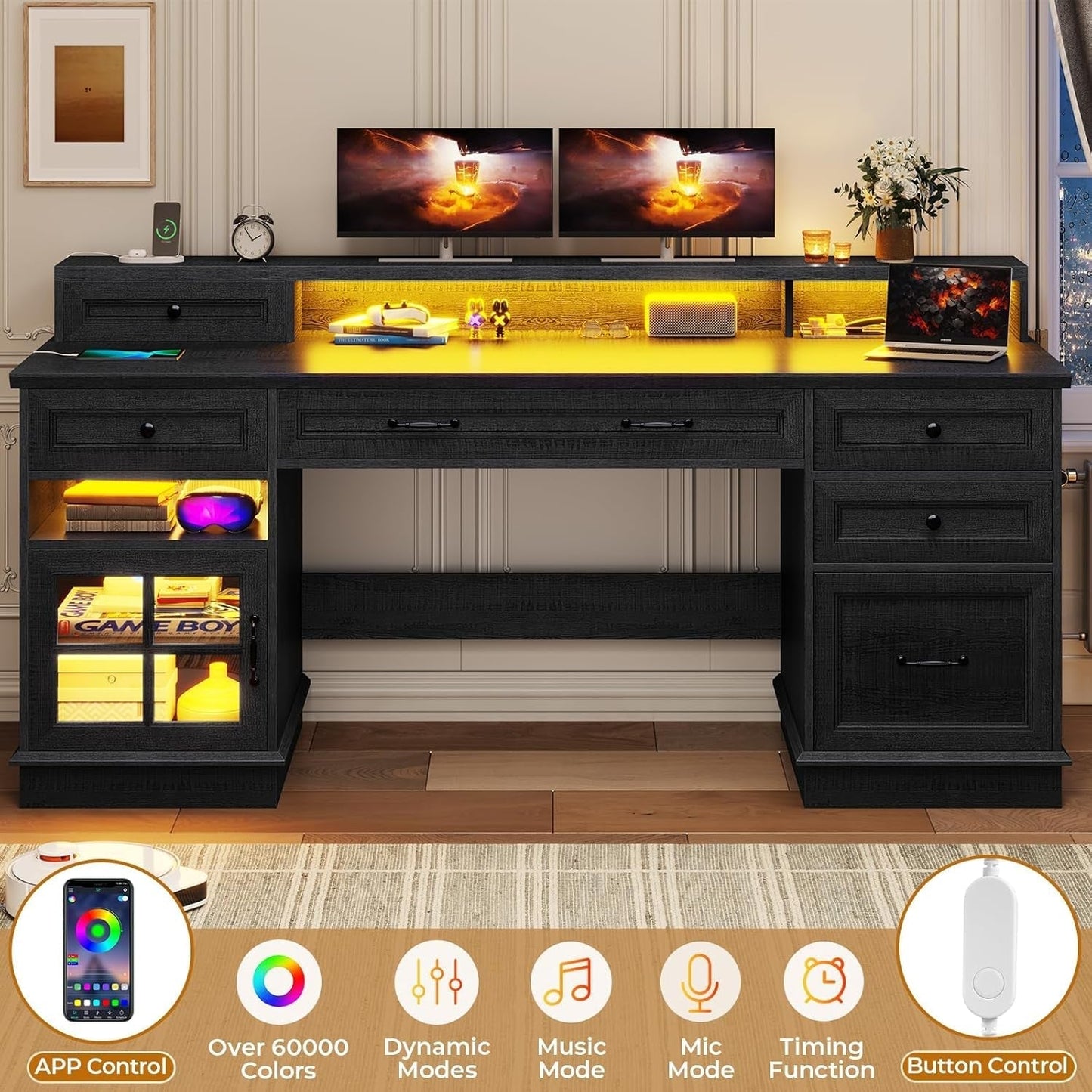 Executive Desk with Charging Station and LED Lights-4