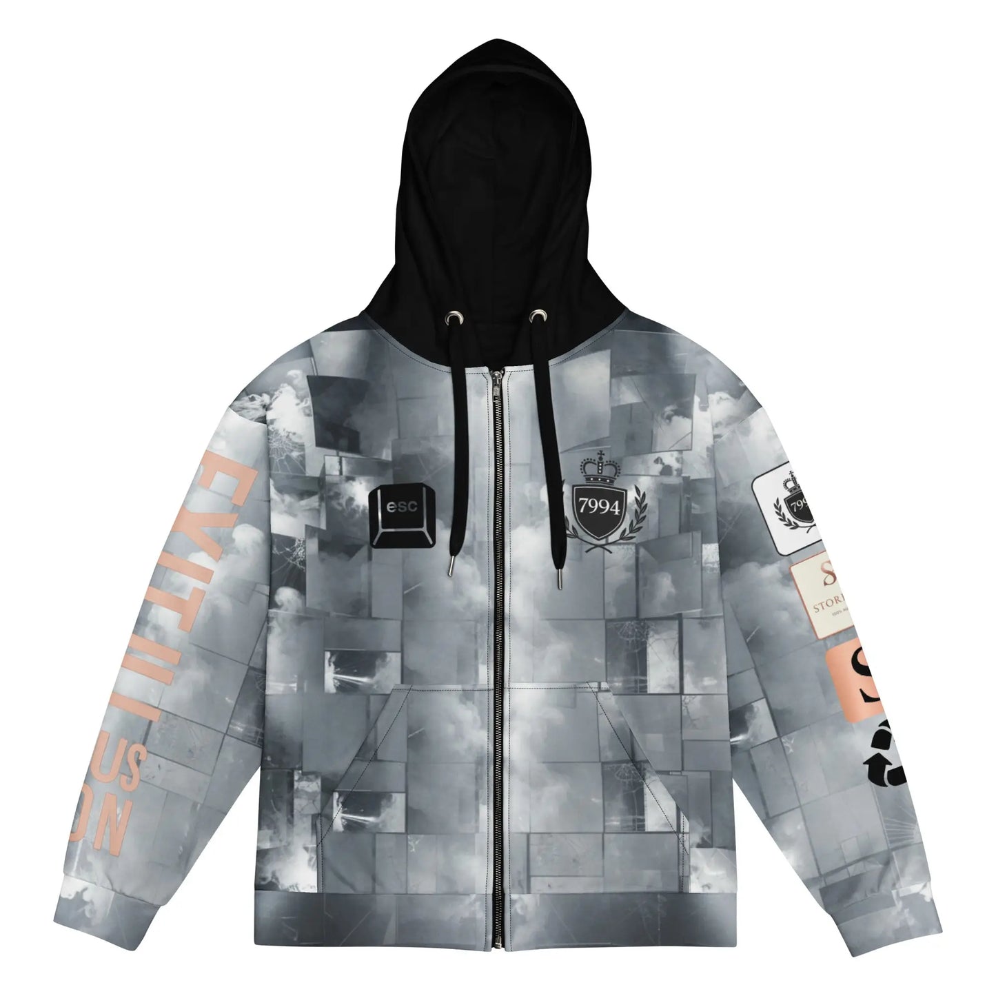 Black and gray EXIT ILLUSION hoodie with patchwork pattern and embroidered patches