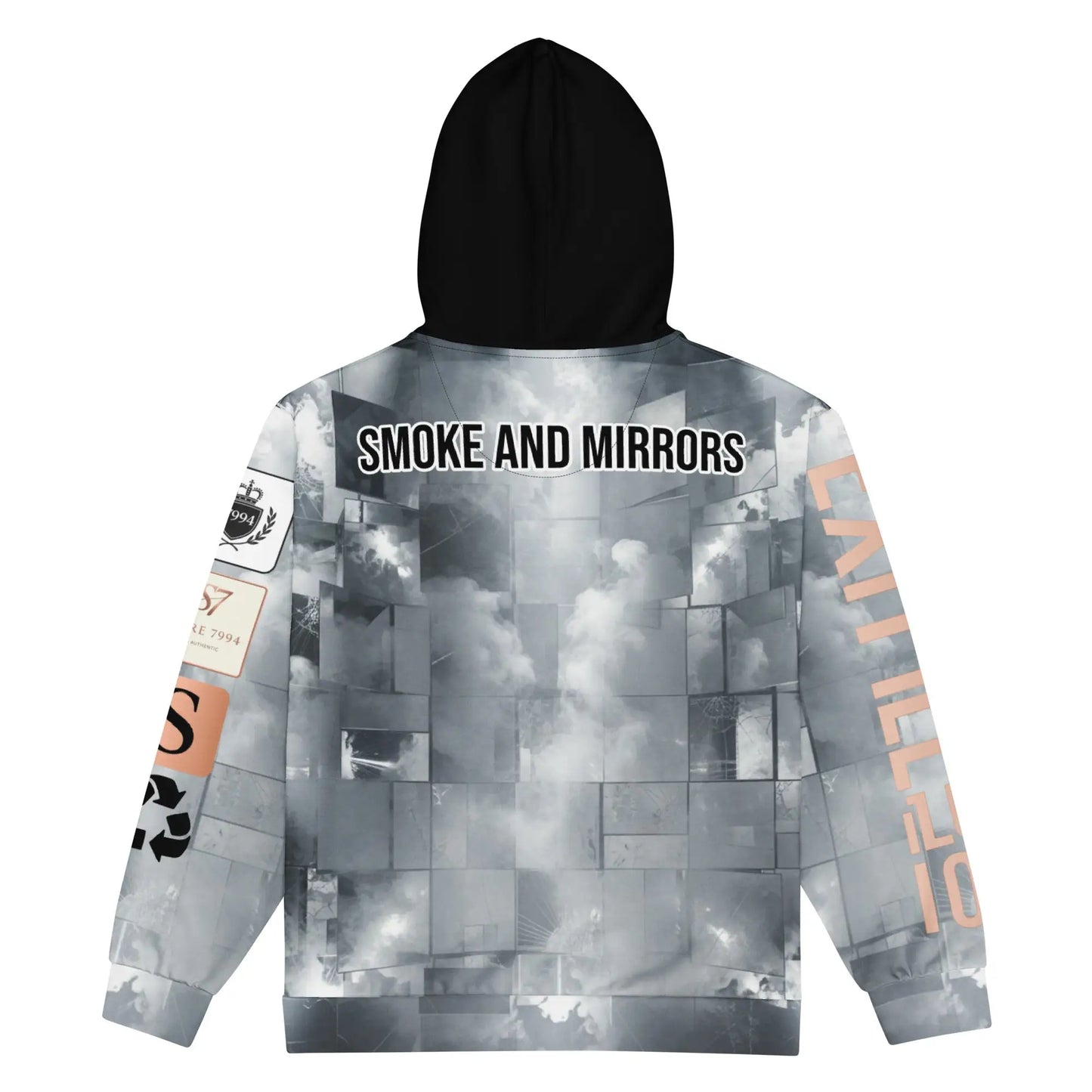 Black exit illusion hoodie with grey cloudy mirrored pattern from EXIT ILLUSION collection