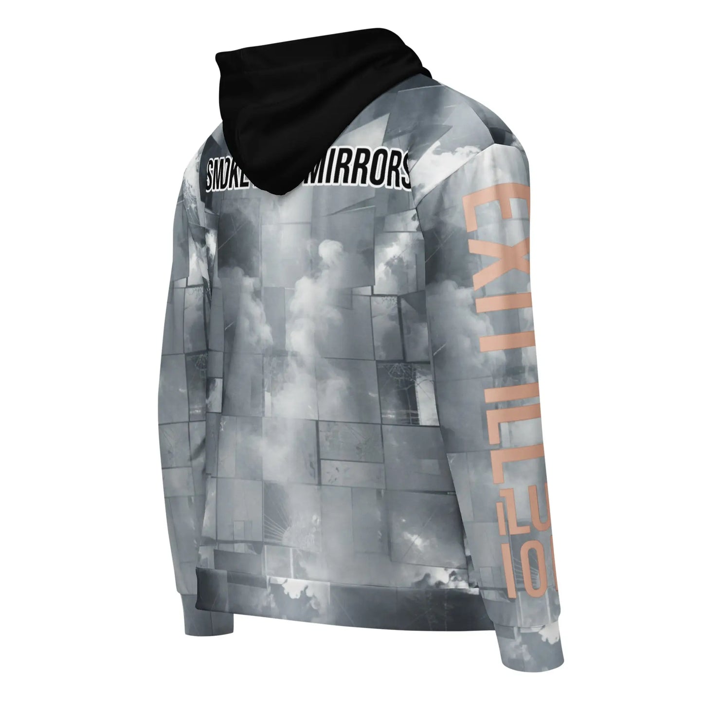 Gray and black exit illusion hoodie with cloud and brick pattern from EXIT ILLUSION collection