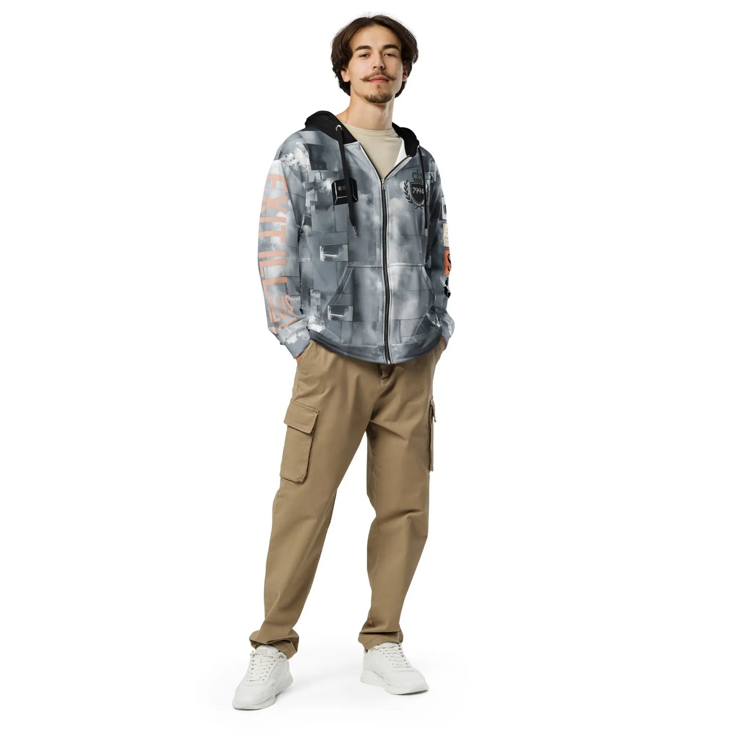 Men’s grey abstract print zip-up hoodie from EXIT ILLUSION Hoodie STORE 7994