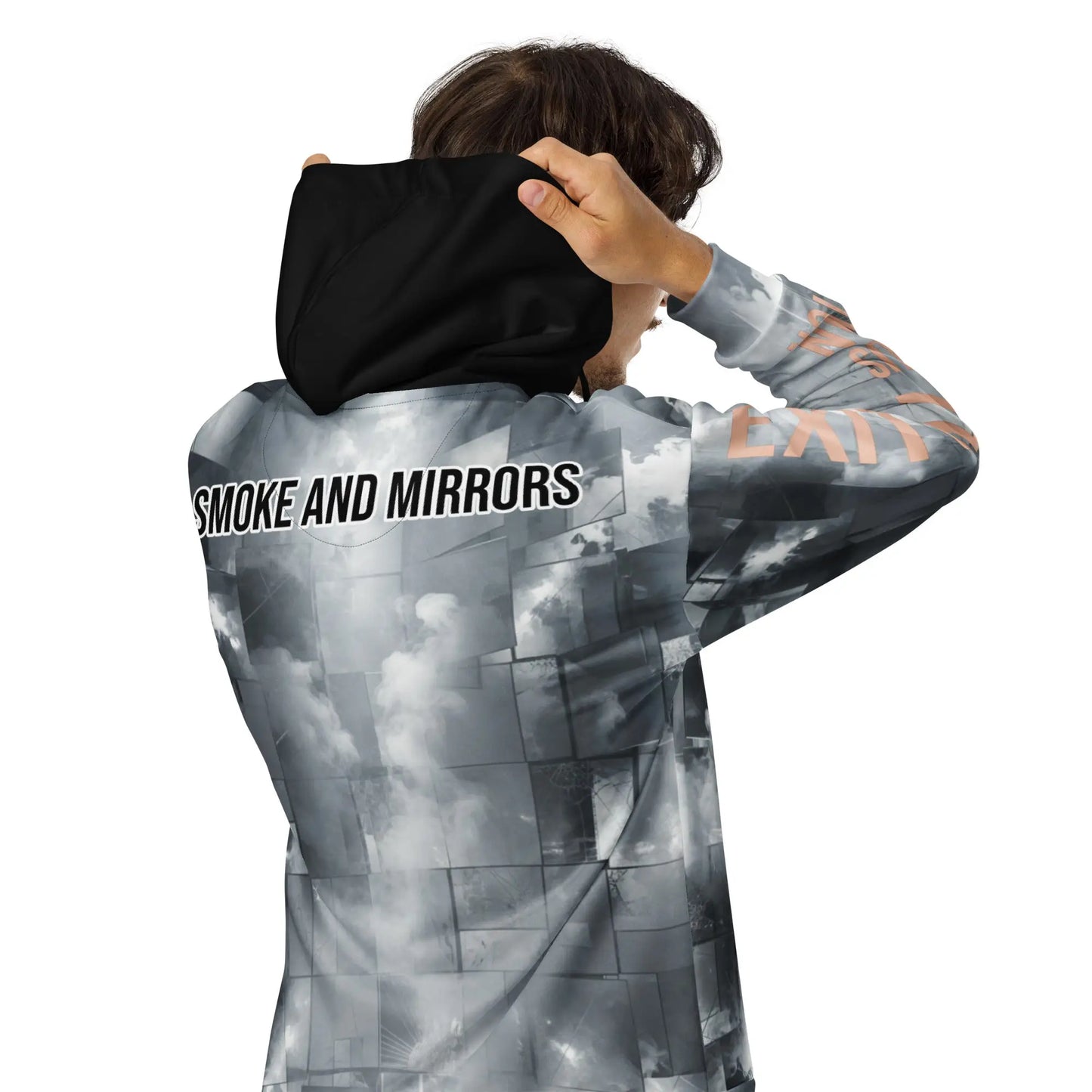Exit Illusion Hoodie featuring a cloud pattern in grey and black long-sleeved design