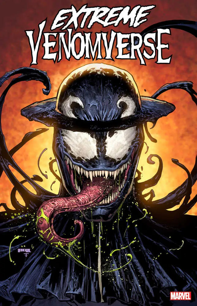 Menacing Symbiote creature with sharp teeth and cowboy hat against orange sky for Extreme Venomverse #4 trading cards