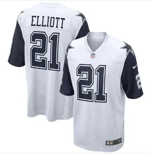 Two white and navy Dallas Cowboys Ezekiel Elliott jerseys displayed for sale