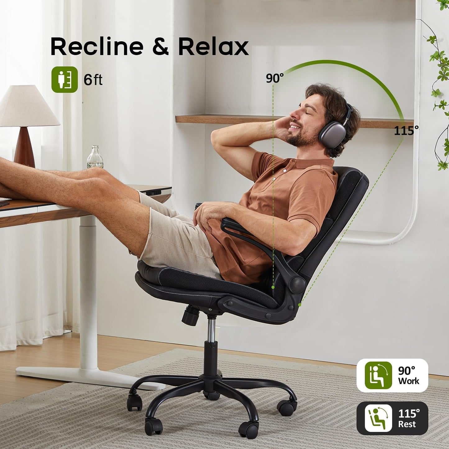 Office Chair Adjustable Desk Chair Mid Back Executive Comfortable Bonded Leather Ergonomic Back Support Home Computer Chair with Padded Flip-Up Armrest Swivel Wheels (White)-4