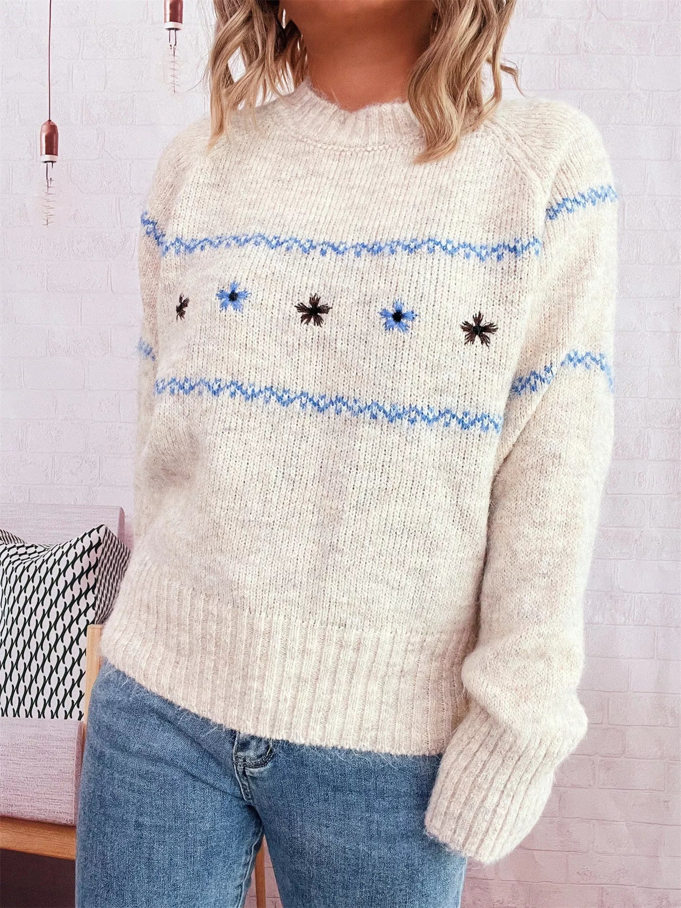 Ribbed Hem Flower Long Sleeve Sweater