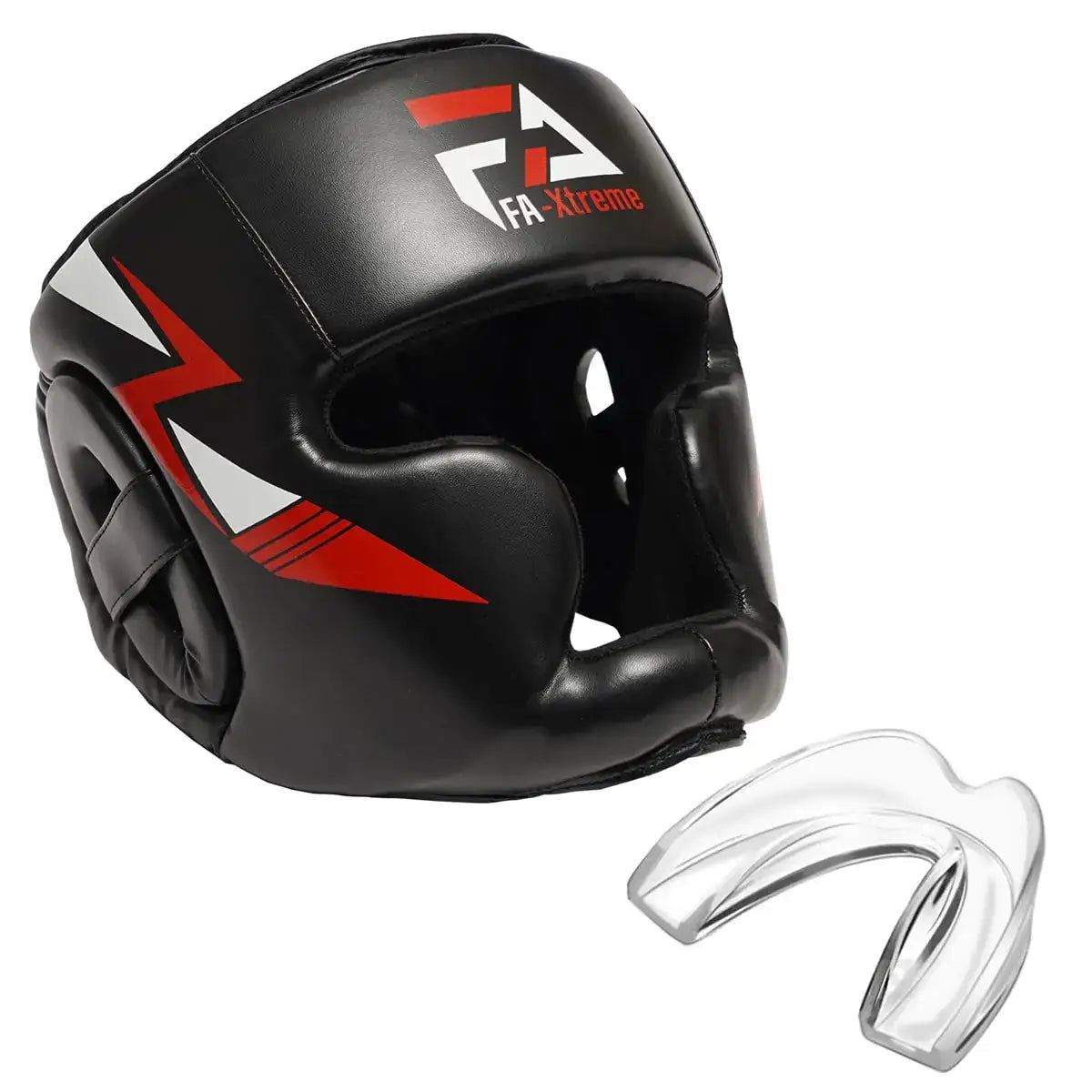 Black boxing headgear with clear mouthguard, contoured foam, and loop straps for martial arts